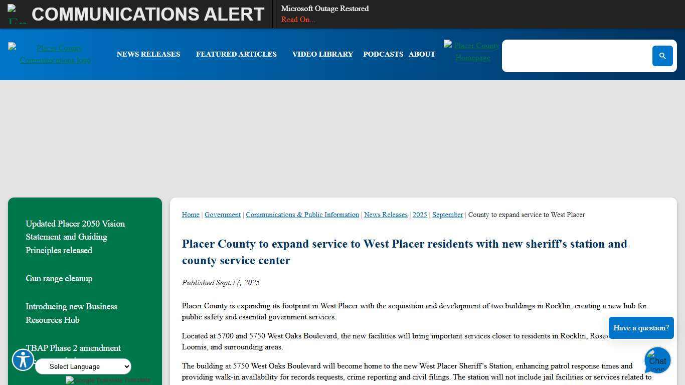 County to expand service to West Placer Placer County, CA