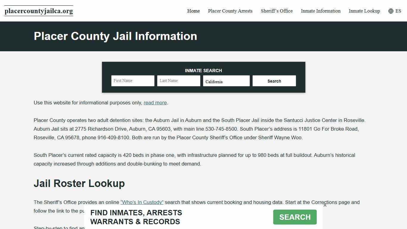 Placer County, CA Jail Roster, Inmate Info